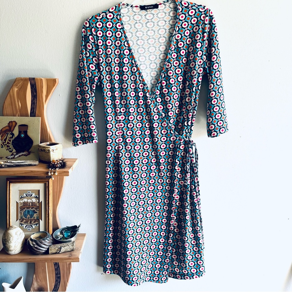 41 Hawthorne Womens Size Medium Wrap Dress Multicolor Geometric Print 3/4 Sleeve